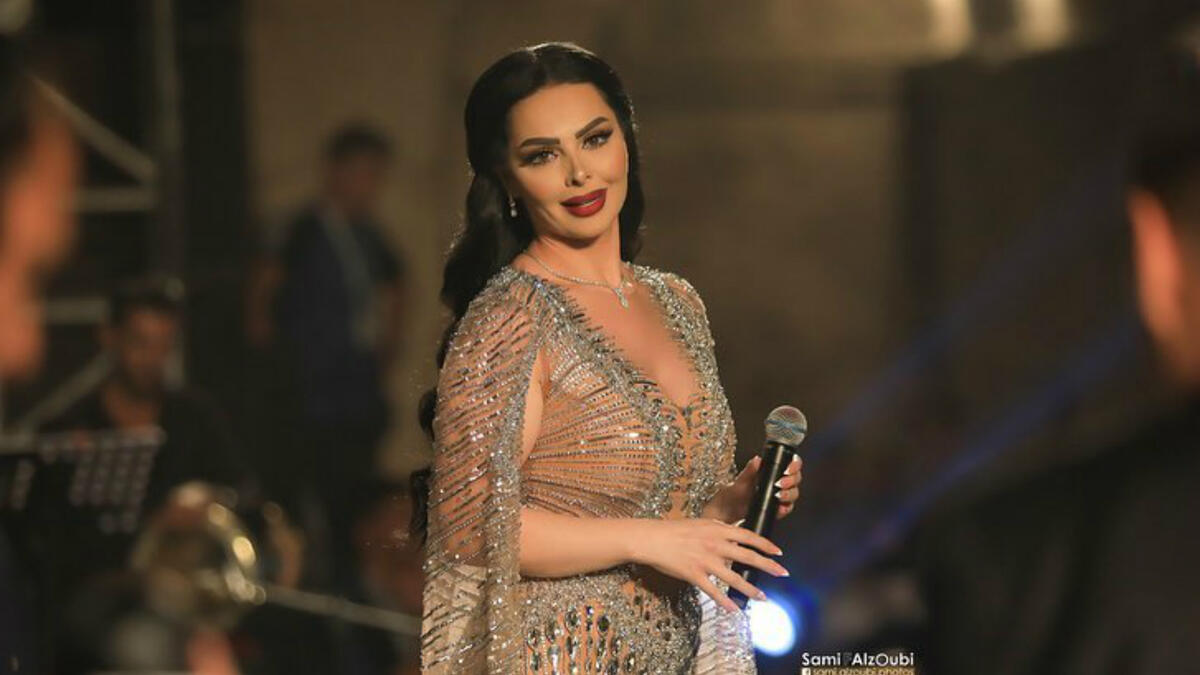 Diana Karazon chose a silver and beige dress for her concert in Jerashs southern theater Source dianakarazonw Instagram