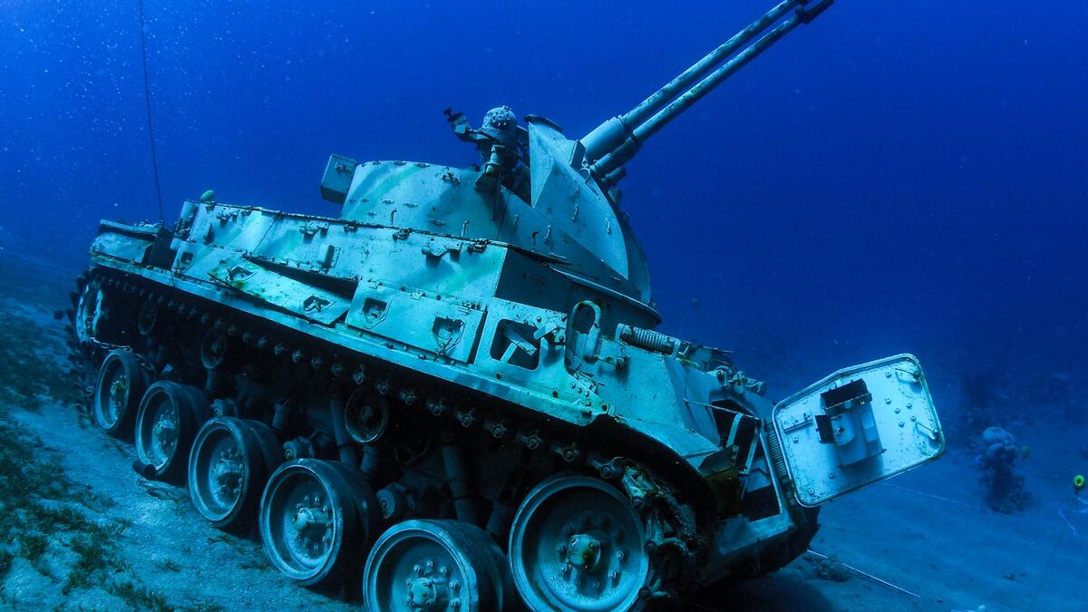 The full complement of vehicles includes tanks, an ambulance, a military crane, a troop carrier, guns and a combat helicopter. This anti-aircraft vehicle previously belonged to the Jordanian Armed Forces. (Aqaba Special Economic Zone Authority/AFP)