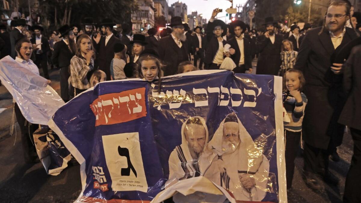 Ultra Orthodox Jews attend an election campaign rally of the Yahadut Hathora (United Torah Judaism) at the centre of Jerusalem on September 15 2019, two days ahead of the Israeli general elections. MENAHEM KAHANA / AFP
