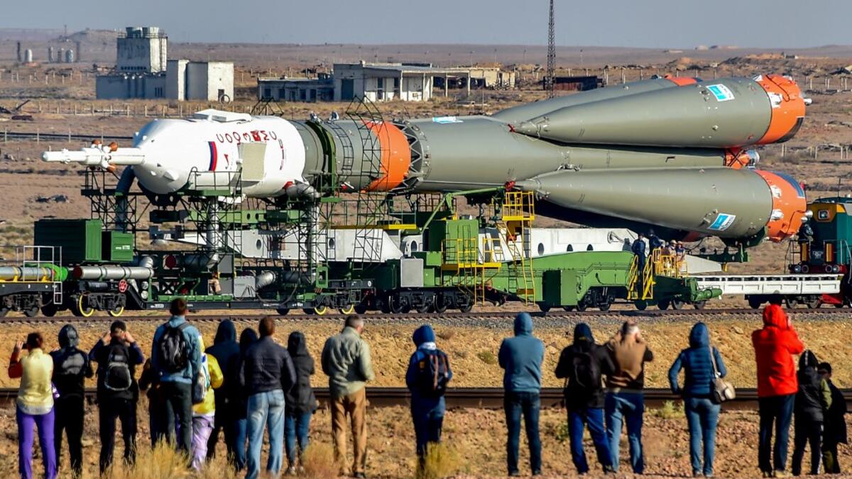 The Soyuz booster rocket FG with Soyuz MS-15 spacecraft is transported to the launch pad at the Russian-leased Baikonur cosmodrome in Kazakhstan on September 23, 2019. VYACHESLAV OSELEDKO / AFP