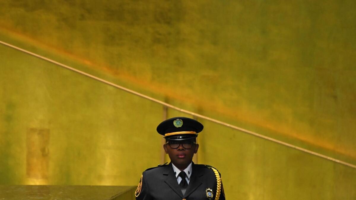 A United Nations Security Officer Honor Guard is seen during the 74th Session of the General Assembly at the United Nations headquarters on September 25, 2019 in New York. TIMOTHY A. CLARY / AFP