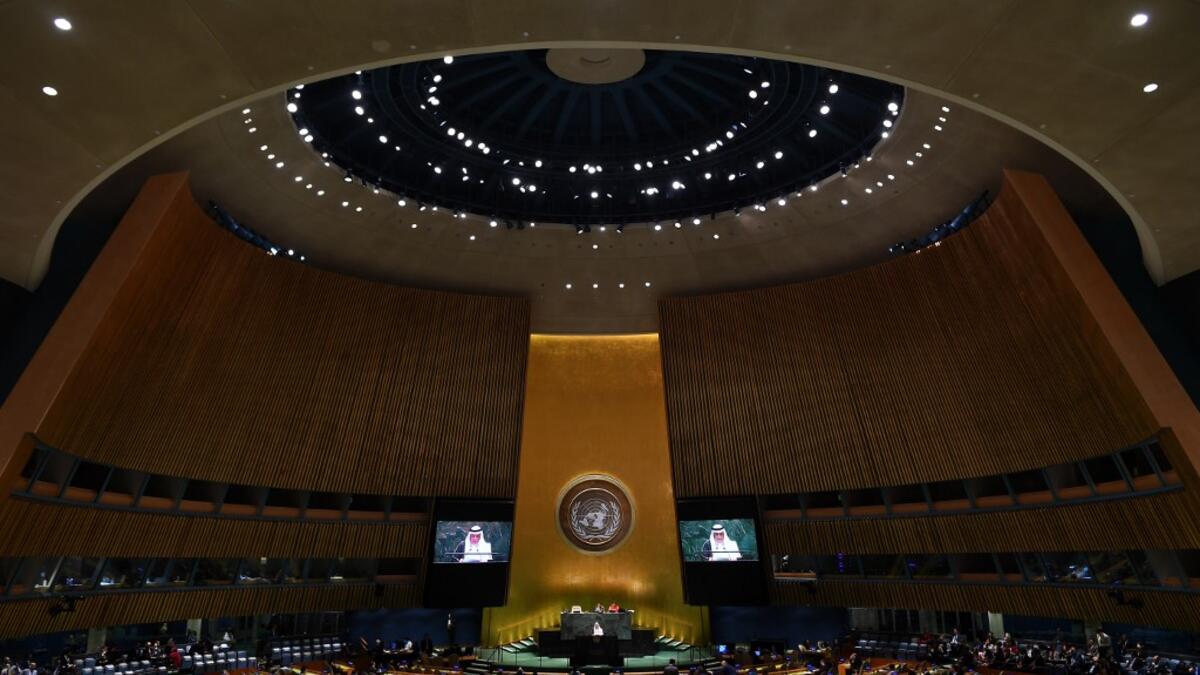 Minister of Foreign Affairs of Saudi Arabia Ibrahim Abdulaziz Al-Assaf speaks during the 74th session of the United Nations General Assembly on September 26, 2019 at the United Nations Headquarters in New York City. Johannes EISELE / AFP