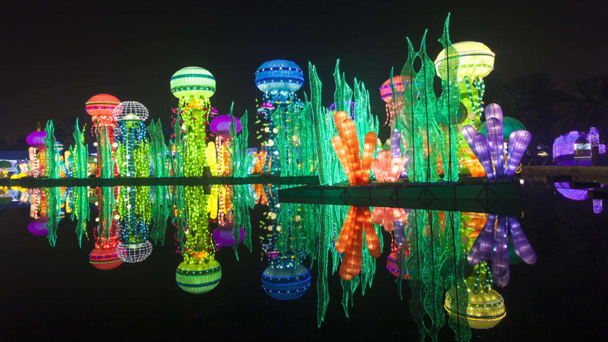 Beautiful installations at the Dubai Garden Glow family theme park illuminated at night. (Shutterstock/ File Photo)
