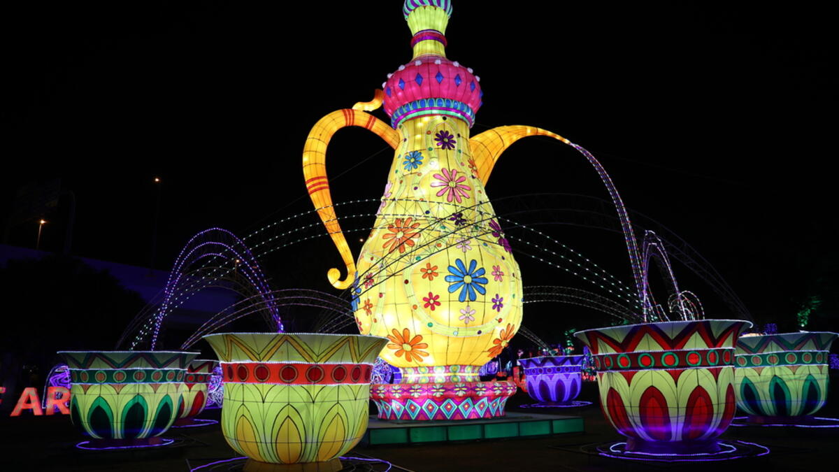 UAE Traditional Dallah or coffee pot decorated with lights at Dubai Garden Glow. (Shutterstock/ File Photo)