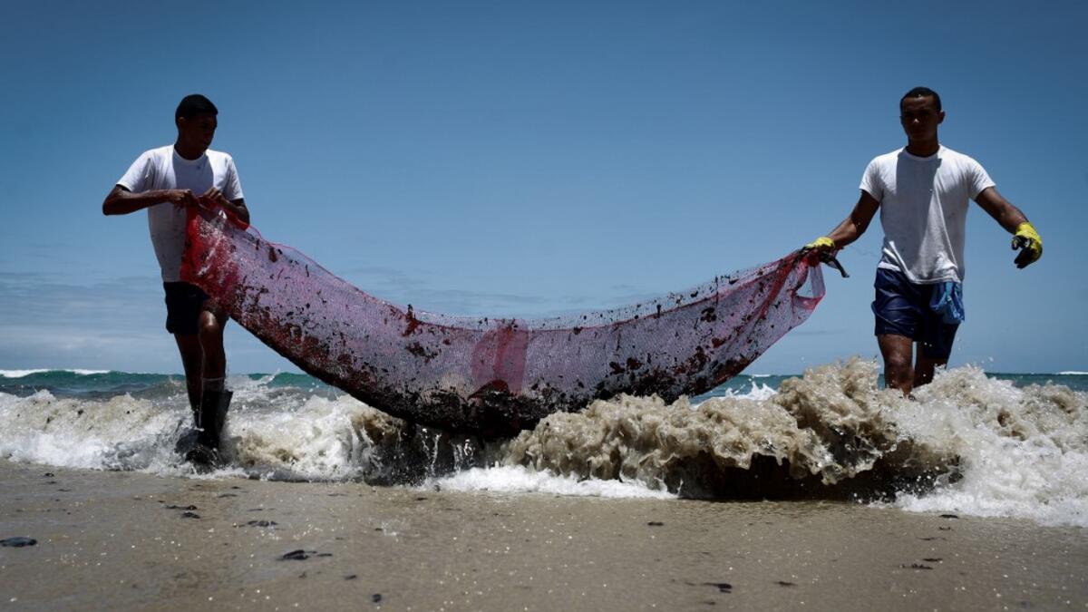 Volunteers are seen removing oil spilled on Paiva beach located in the city of Cabo de Santo Agostinho, Pernambuco state, Brazil, on October 21, 2019. LEO MALAFAIA / AFP