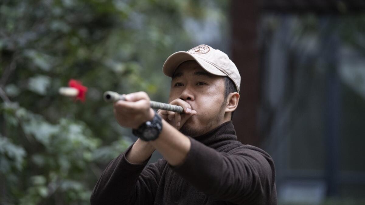 This photo taken on October 23, 2019 shows pet detective Sun Jinrong testing his blowdart as he prepares to search for a missing cat in a residential compound in Beijing. Private sleuth Sun Jinrong brings heat detectors, tiny surveillance cameras, and a blowdart loaded with a tranquiliser to his search for one desperate client's missing loved one: A cat named Duoduo.  NOEL CELIS / AFP