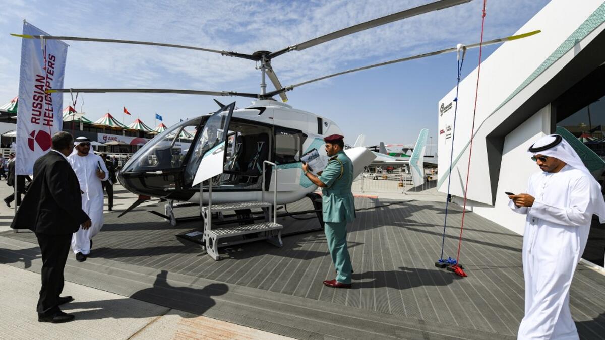 This picture taken on November 18, 2019 shows a view of a Russian Helicopters VRT 500 twin coaxial rotor light helicopter on display during the 2019 Dubai Airshow. KARIM SAHIB / AFP