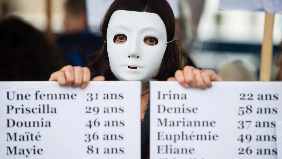 A woman holds a placard enumerating the names of feminicide victims in France in 2019, during a protest to condemn violence against women, on November 23, 2019 in Marseille, southern France. CLEMENT MAHOUDEAU / AFP