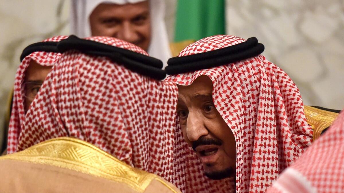 Saudi King Salman bin Abdulaziz (R) chats with King Hamad bin Isa Al-Khalifa of Bahrain (L), during the 40th Gulf Cooperation Council (GCC) summit held at the Saudi capital Riyadh on December 10, 2019. Fayez Nureldine / AFP