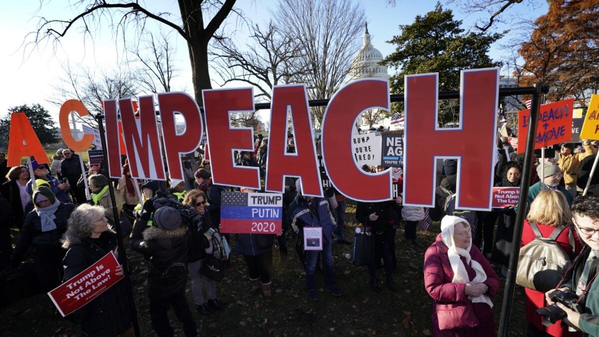 Protesters supporting the impeachment of U.S. President Donald Trump gather outside the U.S. Capitol December 18, 2019 in Washington, DC. Later today the U.S. House of Representatives is expected to vote on two articles of impeachment against Trump charging him with abuse of power and obstruction of Congress. Win McNamee/Getty Images/AFP