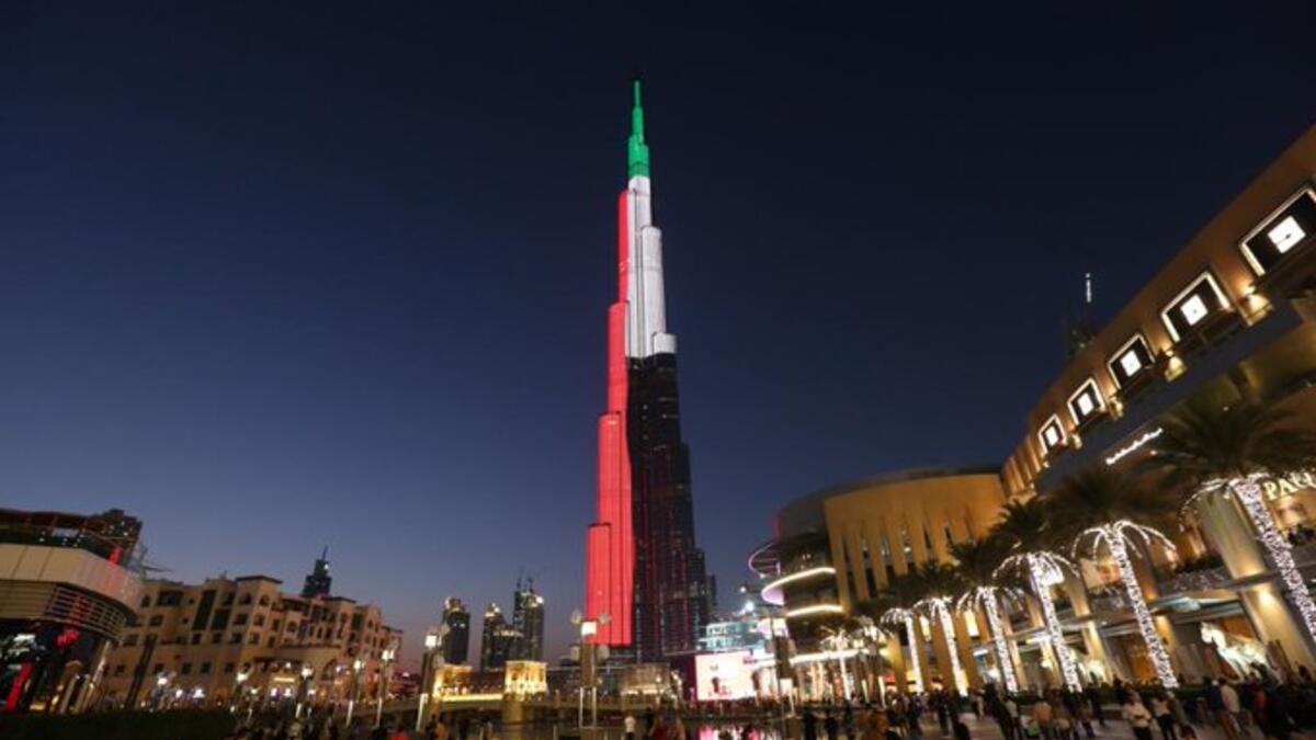 Burj Khalifa lighted with UAE national flag colours to celebrate the country's 48th National Day. (Twitter)