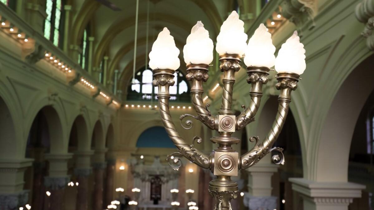 A photograph taken on January 10, 2020 shows a partial interior view of the newly renovated Eliyahu Hanavi synagogue in the northwestern Egyptian city of Alexandria, on the day of its inauguration. The synagogue, boasting green and violet stained glass windows and towering marble columns, was built in its current form in 1850 by an Italian architect on top of the original edifice dating back to 1354. Khaled DESOUKI / AFP