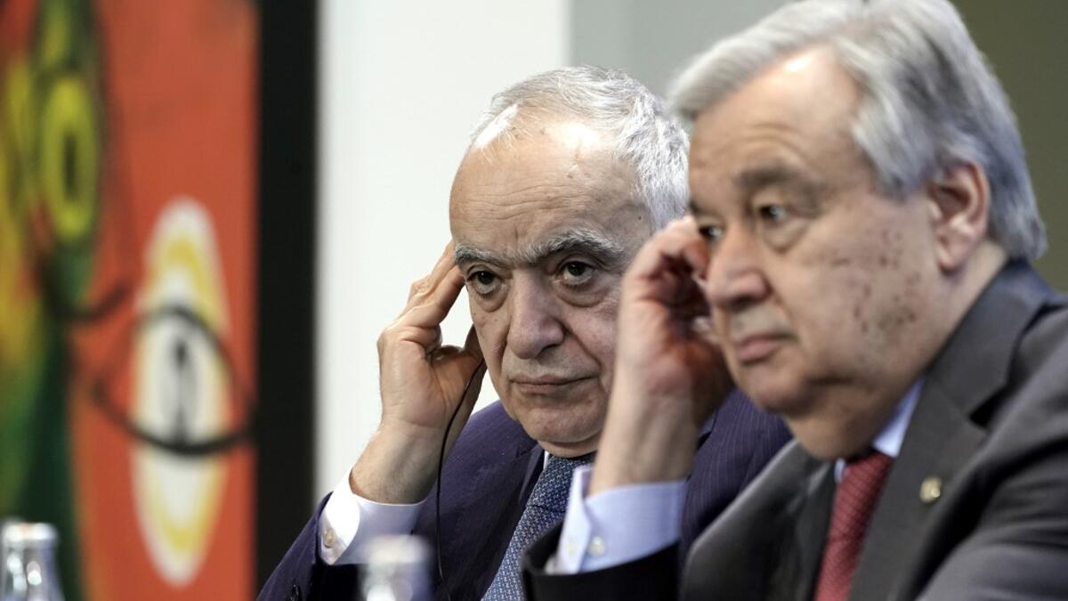 Special Representative and Head of the United Nations Support Mission in Libya (UNSMIL) Ghassan Salame (L) and Secretary-General of the United Nations (UN) Antonio Guterres listen during a press conference at the end of a Peace summit on Libya at the Chancellery in Berlin on January 19, 2020. AFP
