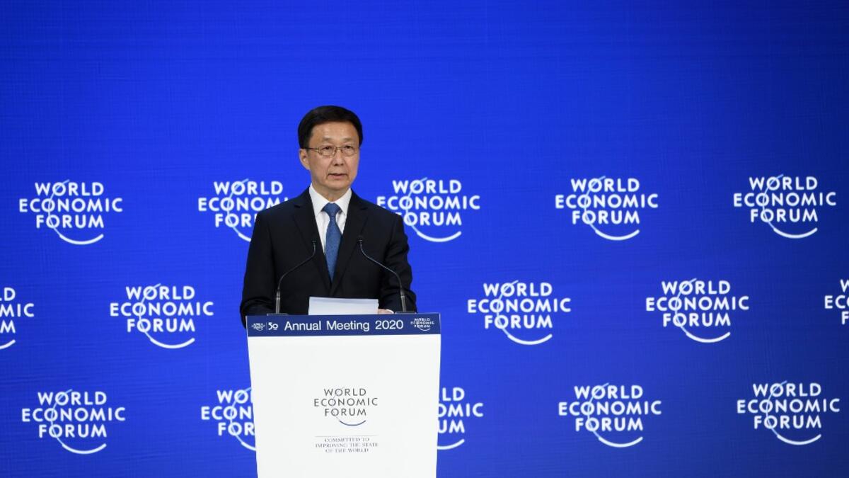 Chinese Vice Premier Han Zheng delivers a speech at the Congress centre during the World Economic Forum (WEF) annual meeting in Davos, on January 21, 2020. Fabrice COFFRINI / AFP