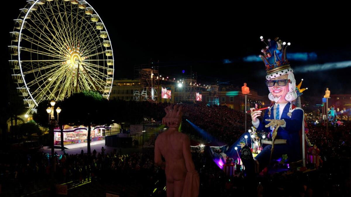 A giant figure depicting a king is seen during the 136th Nice Carnival parade in Nice, southeastern France, on February 15, 2020. The Carnival takes place until February 29, 2020 on the theme 'King of Fashion'. VALERY HACHE / AFP