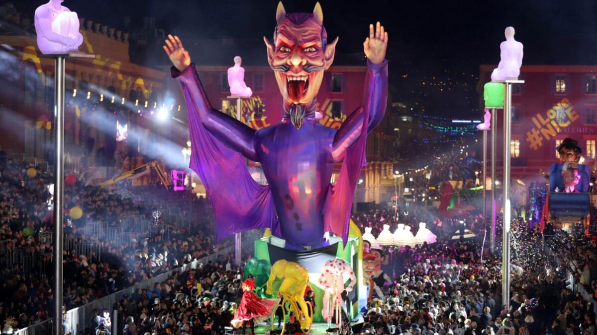 A giant figure depicting El Diablo is seen during the 136th Nice Carnival parade in Nice, southeastern France, on February 15, 2020. The Carnival takes place until February 29, 2020 on the theme 'King of Fashion'. VALERY HACHE / AFP