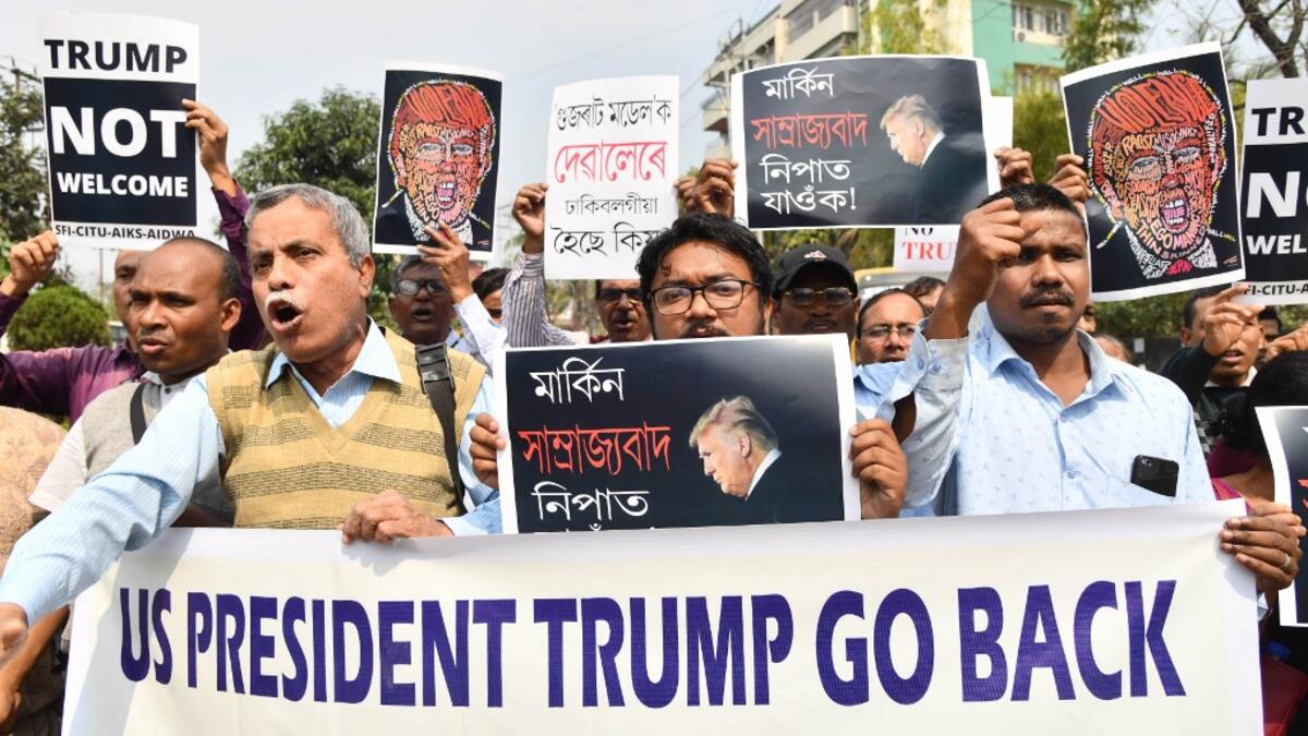 Activists of left-parties shout slogans against Donald Trump's visit to India, in Guwahati on February 24, 2020. DIPTENDU DUTTA / AFP