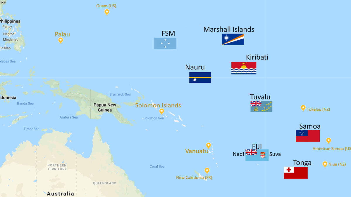 قارة أوقيانوسيا: جزر سليمان، وجمهورية ناورو، وجمهورية فانواتو، ودولة ساموا، وجمهورية كيريباتي، وولايات مايكرونزيا المتحدة، ومملكة تونغا، وجمهورية جزر مارشال، وجمهورية بالاو، ودولة توفالو.