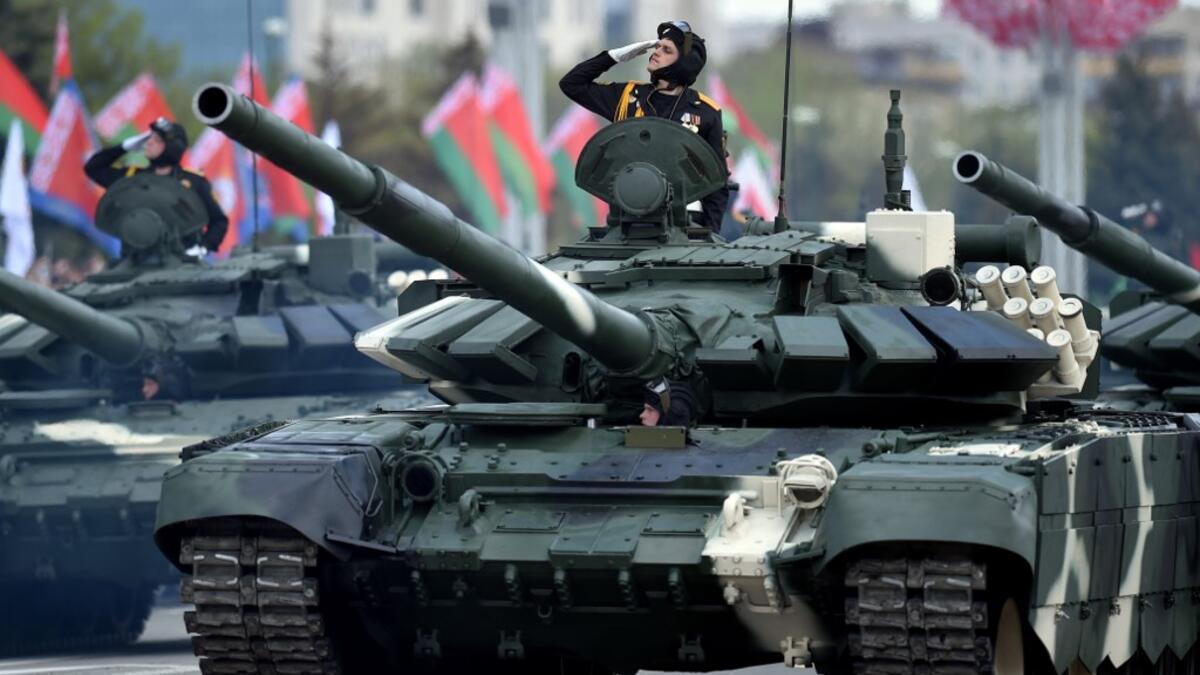 Belarus' T-52 tanks take part in a military parade to mark the 75th anniversary of the Soviet Union's victory over Nazi Germany in World War Two, in Minsk on May 9, 2020. Sergei GAPON / AFP