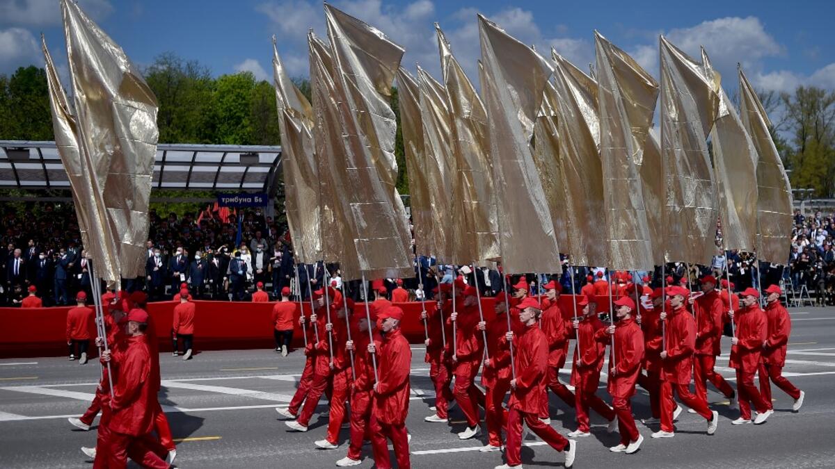 Performers take part in a military parade to mark the 75th anniversary of the Soviet Union's victory over Nazi Germany in World War Two, in Minsk on May 9, 2020. Sergei GAPON / AFP
