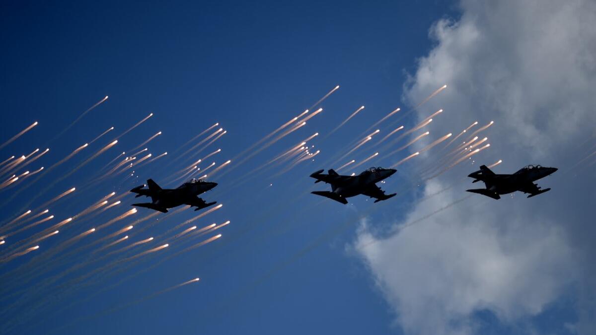 Belarus' Yakovlev Yak-130 aircrafts take part in a military parade to mark the 75th anniversary of the Soviet Union's victory over Nazi Germany in World War Two, in Minsk on May 9, 2020. Sergei GAPON / AFP