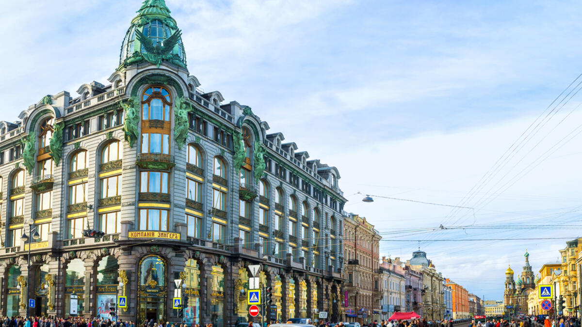The Singer House (House of Books) with the dome and bronze sculptures on the corner of Nevsky Prospekt and Griboedov Canal, on April 25 in Saint Petersburg (Shutterstock)
