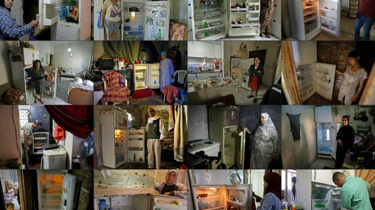 This combination of pictures created on June 22, 2020 shows Lebanese citizens, across the country, displaying the content of their refrigerators. Lebanon's economic crisis has led to a collapse of the local currency and purchasing power, plunging whole segments of the population into poverty as exemplified by near-empty fridges in many households. IBRAHIM CHALHOUB, ANWAR AMRO, JOSEPH EID, Mahmoud ZAYYAT / AFP