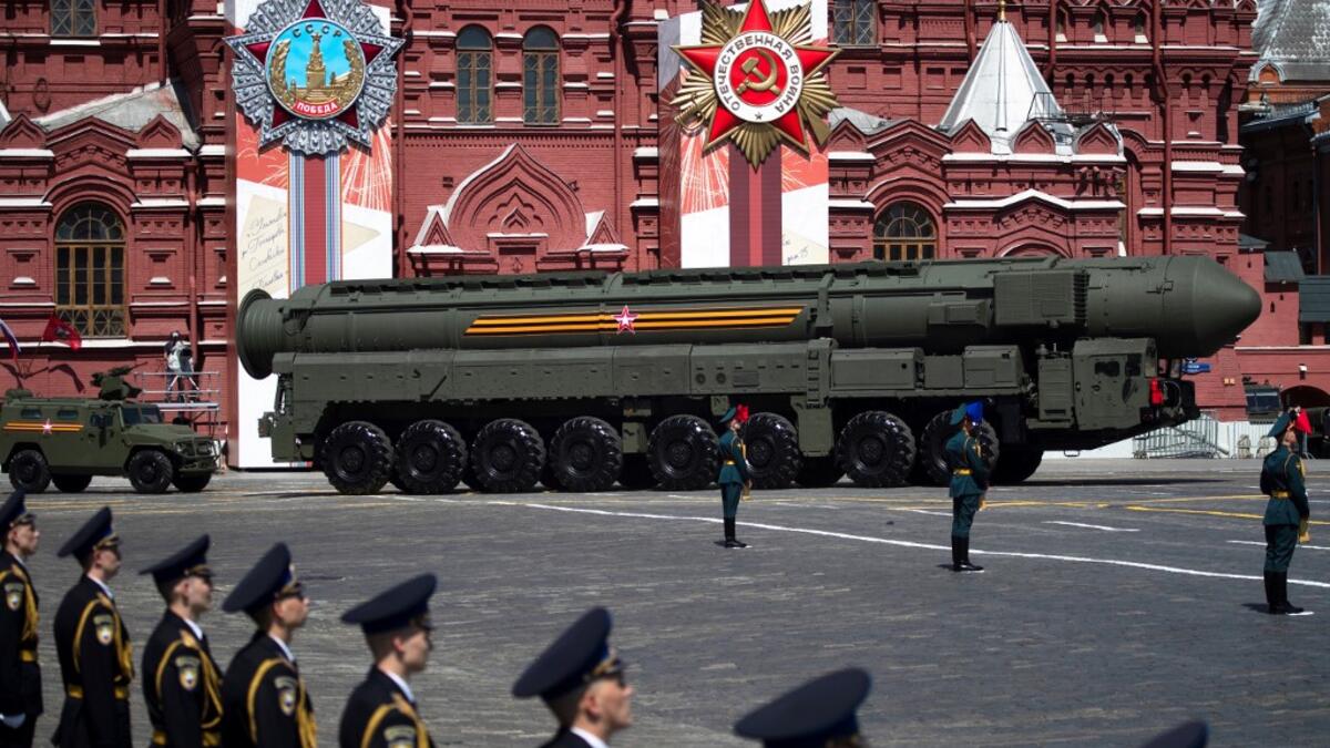 Russian army RS-24 Yars ballistic missile system moves through Red Square during a military parade, which marks the 75th anniversary of the Soviet victory over Nazi Germany in World War Two, in Moscow on June 24, 2020. The parade, usually held on May 9, was postponed this year because of the coronavirus pandemic. Pavel Golovkin / POOL / AFP