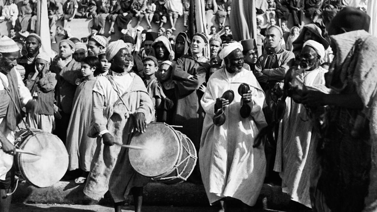 Musicians play during a ceremony on the Grand Socco place, in October 1945 in Tangiers, Morocco. AFP