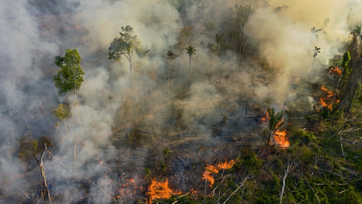 Smoke and flames rise from an illegally lit fire in Amazon rainforest reserve, south of Novo Progresso in Para state, Brazil, on August 15, 2020. CARL DE SOUZA / AFP