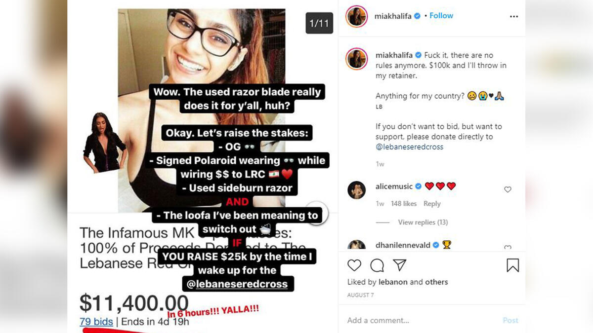 Mia Khalifa auctioned her iconic signature eyeglasses to raise money for the Lebanese Red Cross. The bid reached $100,000.