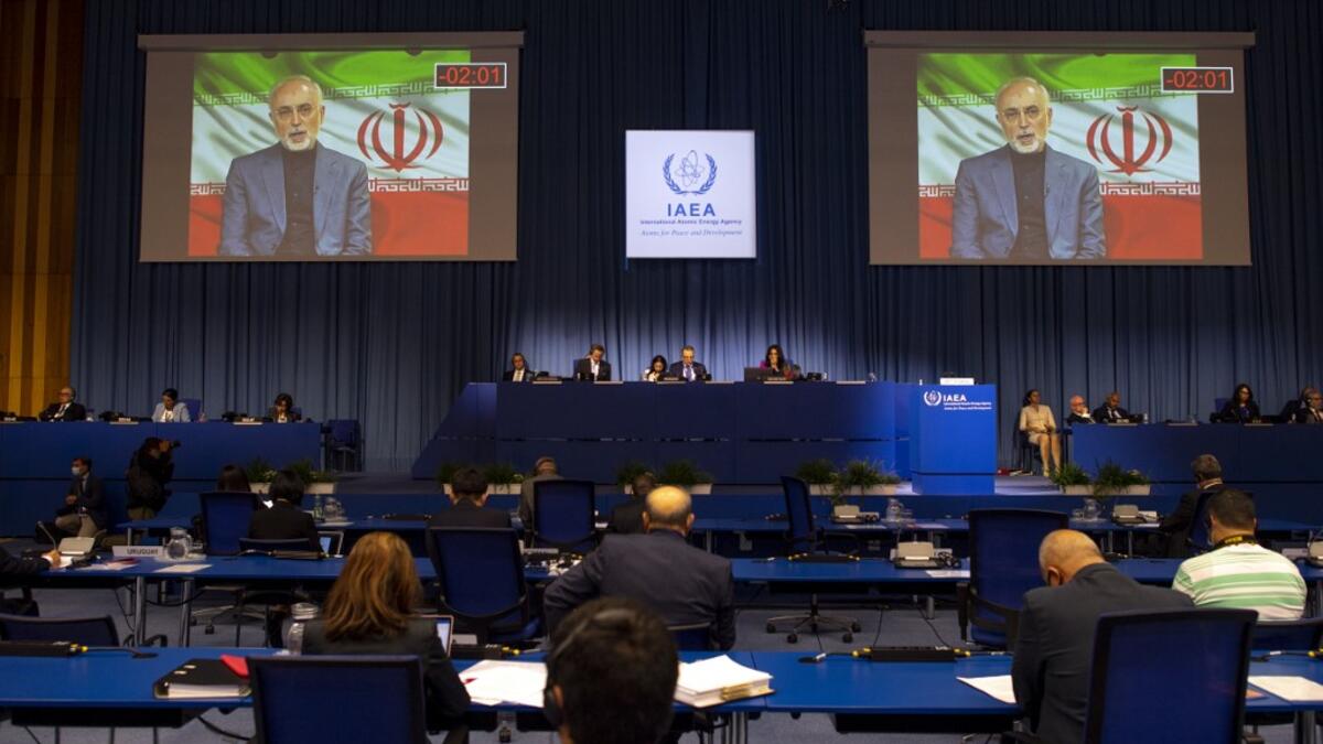 Iran's Atomic Energy Vice-President Ali Akbar Salehi, is seen speaking on a screen as he attends virtually the 64th General Conference of the International Atomic Energy Agency (IAEA) at its headquarters in Vienna, Austria on September 21, 2020. JOE KLAMAR / AFP