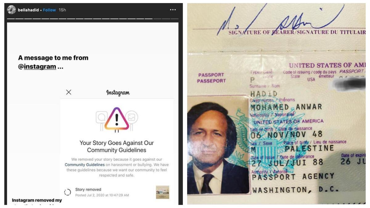 ونشرت "بيلا" لقطة شاشة للرسالة التي تلقتها من "إنستغرام" والتي تشير أنها تنتهك القواعد باعتبار منشورها يندرج تحت خانة التنمر، والإباحية، وكتبت: "حذف إنستغرام صورة جواز سفر والدي وعليه مكان مولده فلسطين.. إنستغرام كيف يمكن أن اعتبار فخري بمسقط رأس والدي تنمرًا أو مضايقة؟".