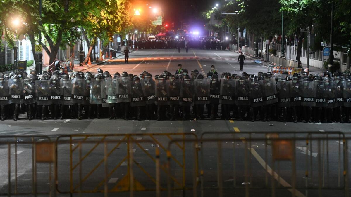 Riot police prepare to disperse pro-democracy protesters in Bangkok on October 15, 2020, after the government declared a state of emergency following an anti-government rally the previous day. Panumas SANGUANWONG / AFP