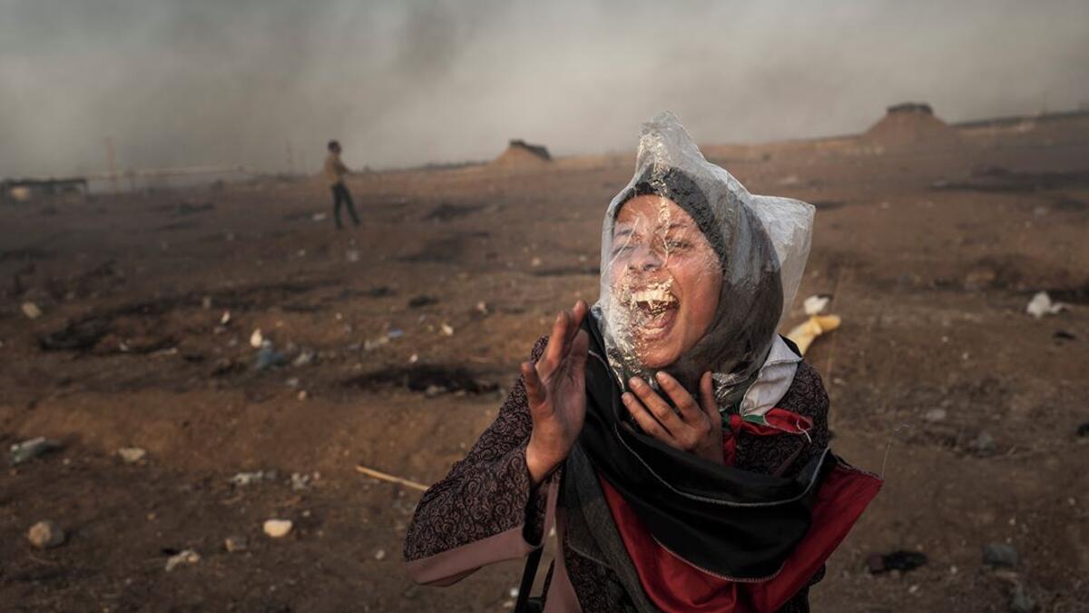 A Palestinian woman screams during a protest against the Israel siege of Gaza Strip at Gaza’s Eastern border, May 2018. Plastic bags are used by demonstrators to protect themselves against teargas.⁣ From ‘The Great March of Return’ by Fabio Bucciarelli (@fabio_bucciarelli) for Yahoo News (@yahoonews).⁣ ⁣ (Instagram)