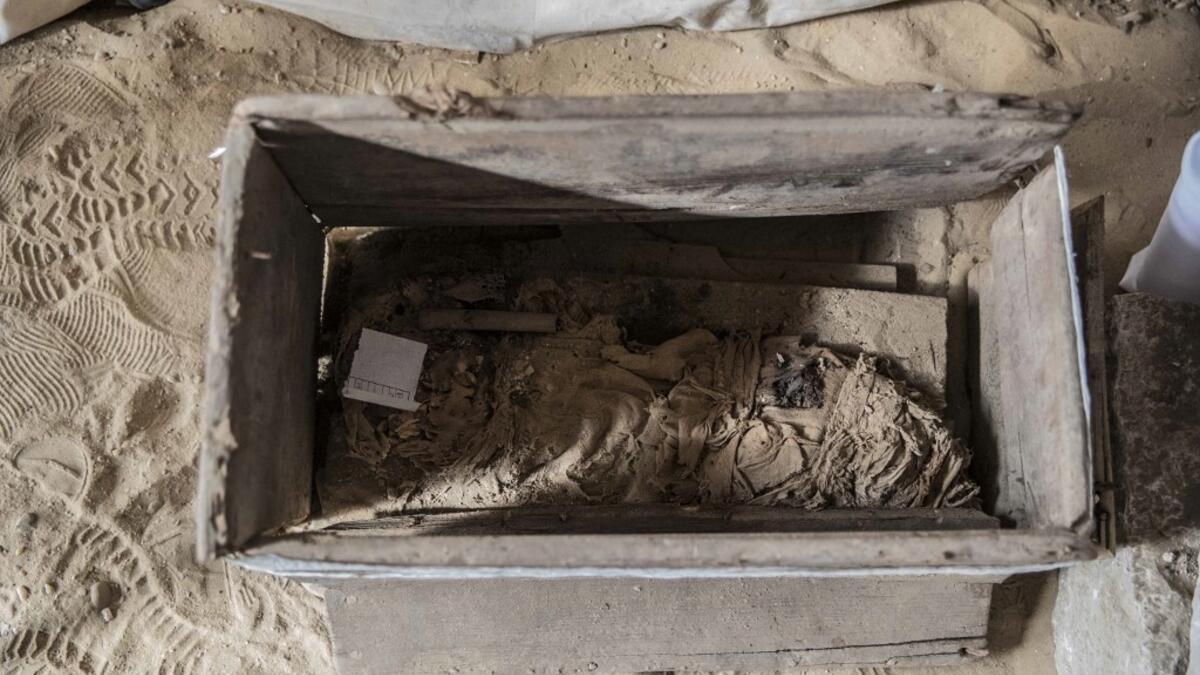 An unearthed wooden coffin is displayed during the official announcement of the discovery by an Egyptian archaeological mission of a new trove of treasures at Egypt's Saqqara necropolis south of Cairo, on January 17, 2021. The discovery at the necropolis which lies 30kms south of the Egyptian capital, includes the funerary temple of Queen Naert, wife of King Teti, as well as burial shafts, coffins, and mummies dating back to nearly 3000 years ago during the New Kingdom. Khaled DESOUKI / AFP