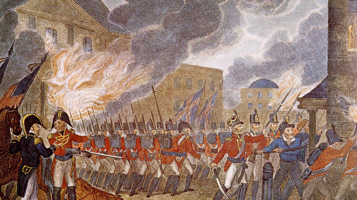 1814: أشعلت القوات البريطانية الغازية النار في مبنى الكابيتول الأصلي بينما كان لا يزال قيد الإنشاء وحرقوا الأثاث في مجلس النواب والقاعة الأصلية للمحكمة العليا.