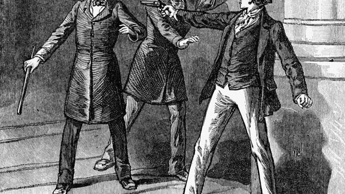 1835: حاول عامل دهانات ساخط إطلاق النار على الرئيس السابع "أندرو جاكسون" أثناء خروجه من جنازة في قاعة مجلس النواب، لكن مسدسه تعطل وأخفق في إطلاق النار وثار غضب جاكسون فضرب مهاجمه بعكازه قبل أن يسيطر آخرون عليه.