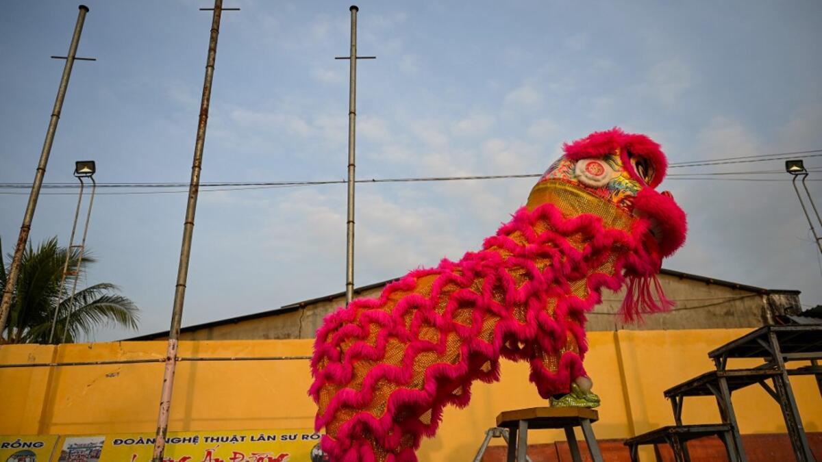 This photograph taken on January 20, 2021 shows Le Yen Quyen performing as part of a lion dance during a practice session at the Tu Anh Duong lion and dragon dance school in Can Tho city in southern Vietnam's Mekong Delta. Manan VATSYAYANA / AFP