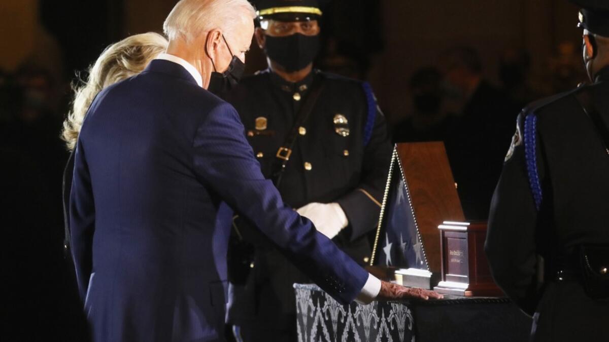 Brian Sicknick was reportedly struck in the head with a fire extinguisher while struggling with the rioters who swarmed through the halls of Congress.  LEAH MILLIS / POOL / AFP