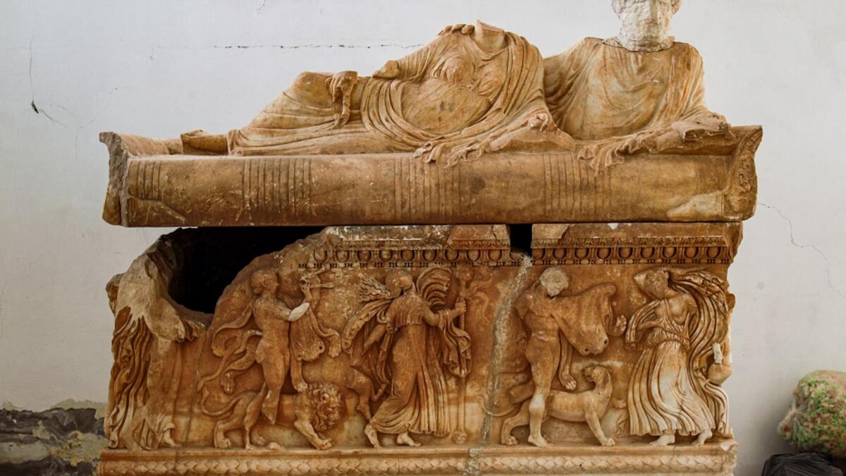 a view of a Dionysiac stone sarcophagus depicting the god Dionysius riding a lion, on display at the Cyrene Museum which houses Greco-Roman artefacts, in the eastern Libyan town of Shahat