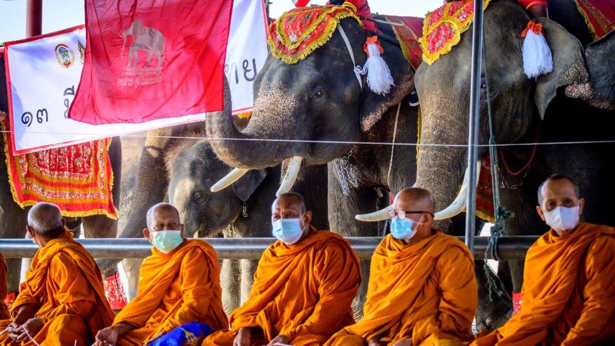 Buddhist monks chant during a ceremony to mark National Elephant Day