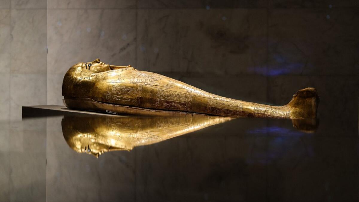 A golden sarcophagus is exhibited at Egypt's new National Museum of Egyptian Civilisation (NMEC), in Fustat