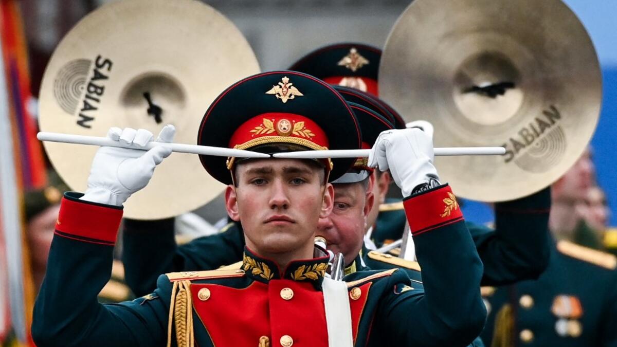 Military musicians perform on Red Square during the Victory Day military parade in Moscow on May 9, 2021. Russia celebrates the 76th anniversary of the victory over Nazi Germany during World War II