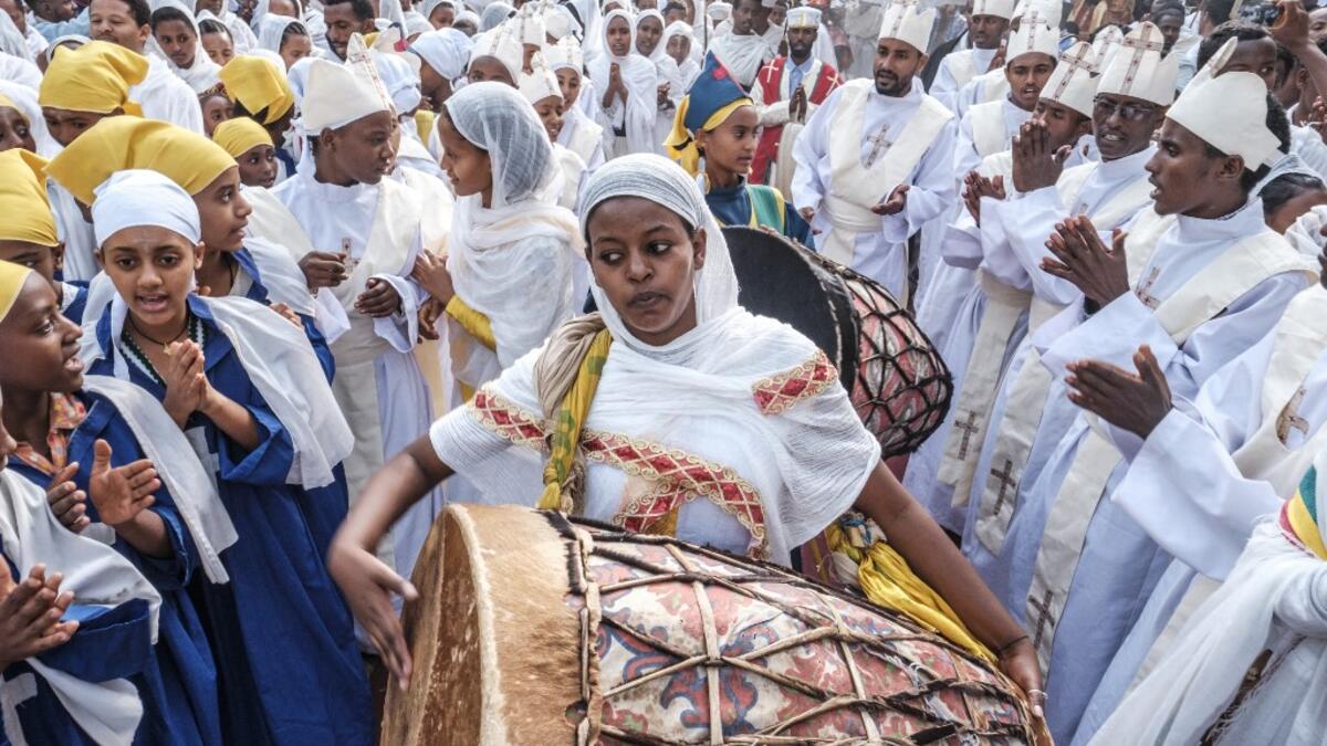 Ethiopian Orthodox devotees chant during the religious celebration of Saint Michael in the city of Bahir Dar, Ethiopia