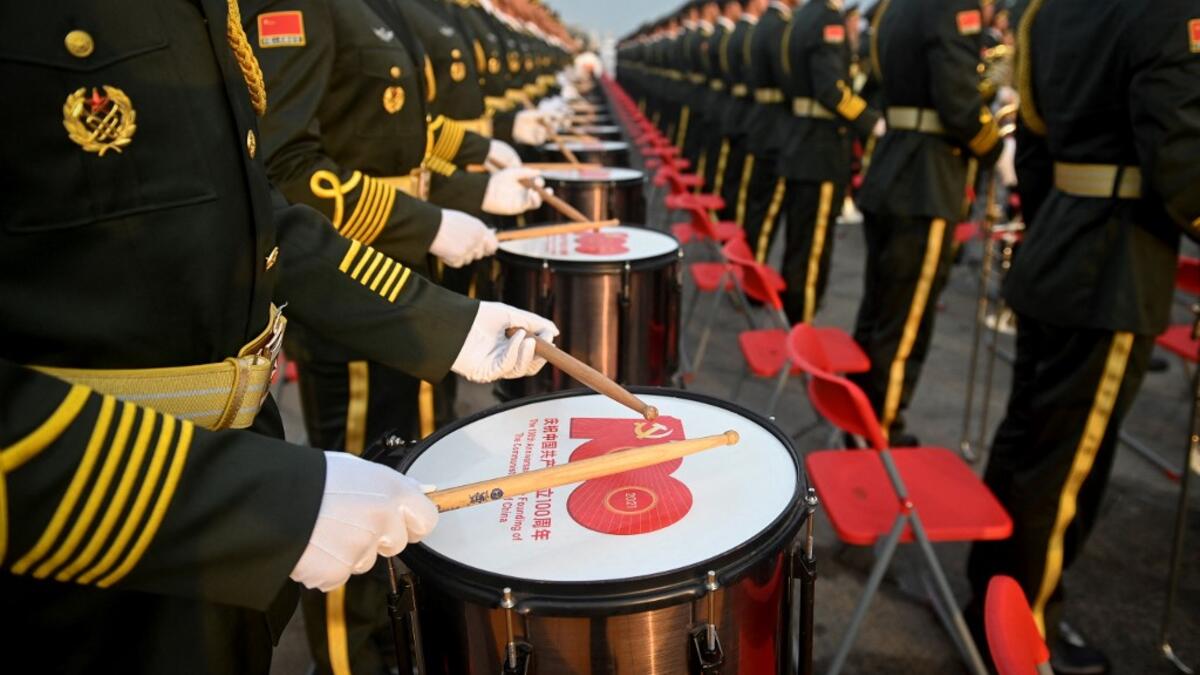 A Chinese military band prepares for celebrations in Beijing