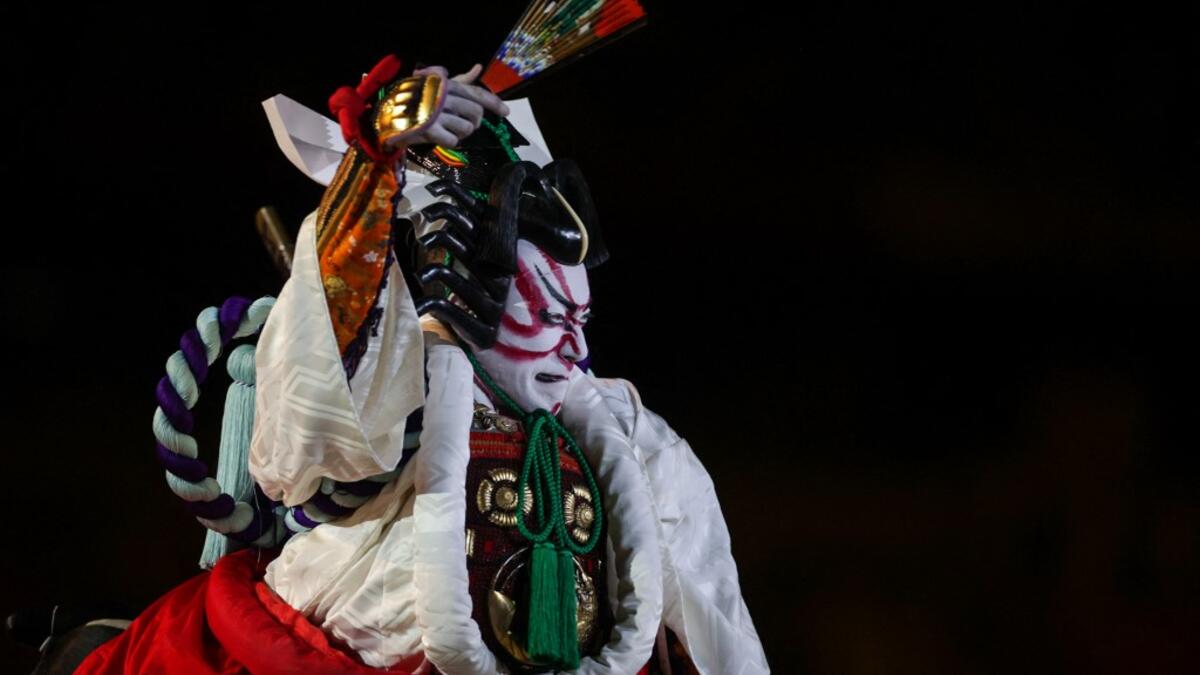 Kabuki actor Ebizo Ichikawa performs during the opening ceremony of the Tokyo 2020 Olympic Games, at the Olympic Stadium in Tokyo