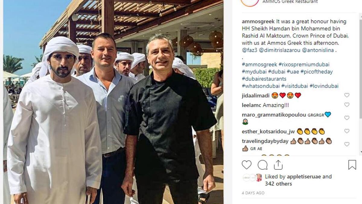 Ammos: شوهد الشيخ حمدان في مطعم Ammos الشهير بمأكولاته اليونانية الشهية. المطعم موجود في منطقة الجميرة.