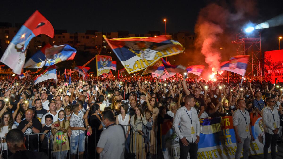 Monetenegrin Orthodox Christians gather in front of the orthodox cathedral in Podgorica, on September 4, 2021, to celebrate and show support for the enthronement of the new bishop of the Serbian Orthodox Church in Montenegro.