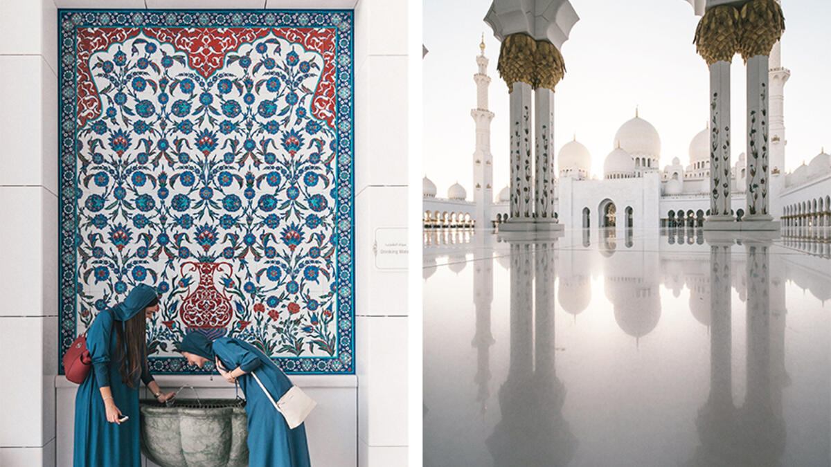 مسجد الشيخ زايد الكبير - أبو ظبي: قف في رهبة تحت ظلال مسجد الشيخ زايد الكبير، المزين ببلاط الموزاييك الجميل والثريات الذهبية وغيرها من التفاصيل المعمارية المعقدة، ويمكن التصوير من فناءه الرخامي المفتوح أو عند أكبر سجادة منسوجة يدويًا في العالم، هذا المسجد يفوق كل التوقعات وسيجعلك عاجزًا عن الكلام بأناقته.